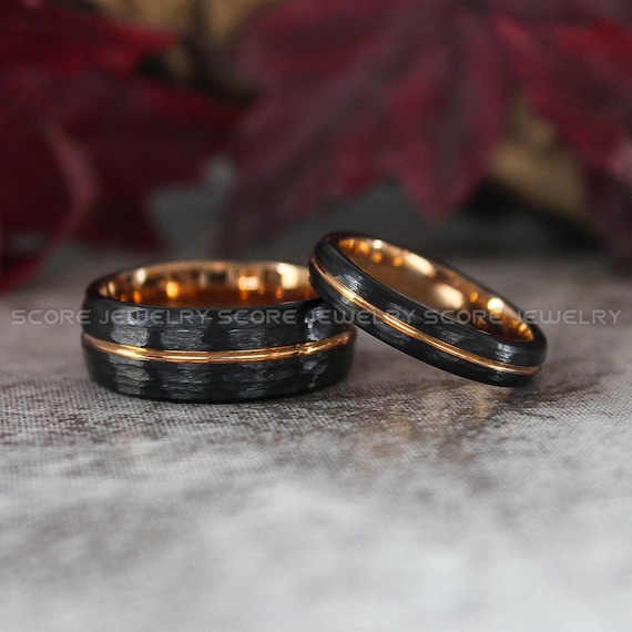 Couple Rings, Matching Rings, 3 Piece Couple Set 8mm & 4mm Black