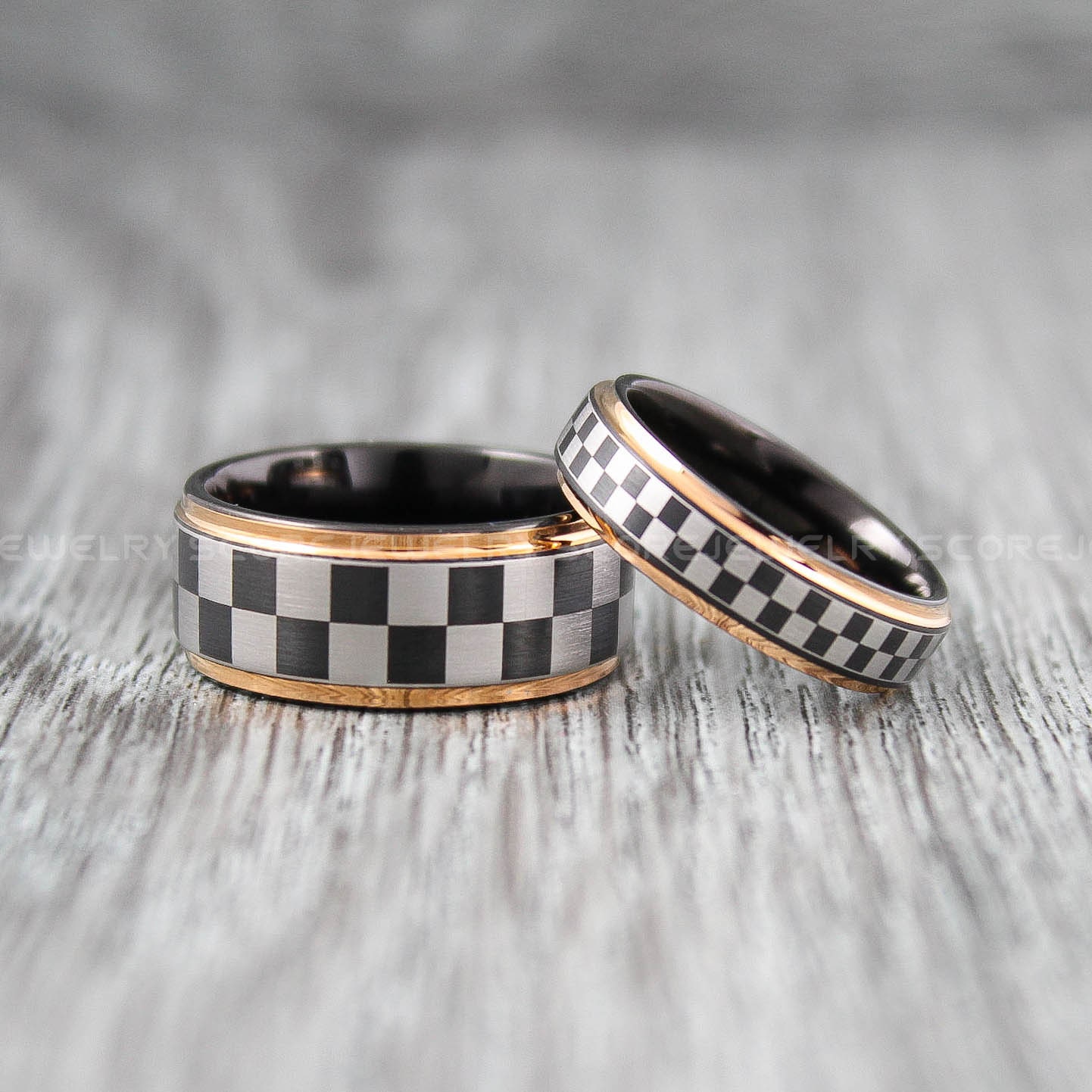 Checkered Flag Rings, 2 Piece Couple Set Black Tungsten Wedding