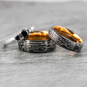 Platinenringe, Gamer Ringe, 3-teiliges Paar Set Schwarz Wolfram Eheringe Innen Roségold, Platinen Wolfram Eheringe
