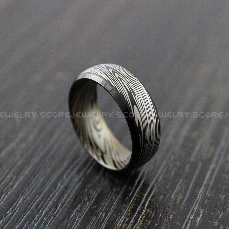 Damascus Steel Ring 8mm Black Tungsten Band With Domed Edge Etsy