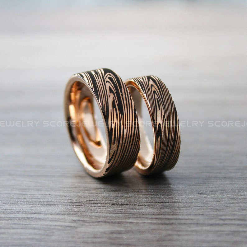 Damascus Steel Rings Rose Gold Rings Rose Gold Tungsten Etsy