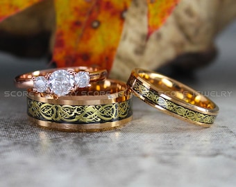 Rose Gold Wedding Rings, 3 Piece Couple Set Tungsten Bands Black Center Carbon Fiber Dragon Inlay Pattern Rose Gold Tungsten Wedding Rings