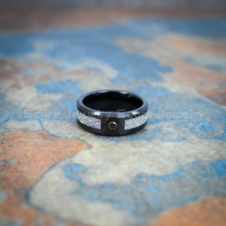 CUSTOM Engraved 8mm Black Tungsten Meteorite Wedding Band Black AAA CZ Stone Tungsten Meteorite Ring with Imitation Meteorite Texture Inlay
