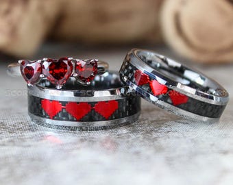8 Bit Heart Rings, Silver Tungsten Wedding Bands, Silver Wedding Bands, Matching Wedding Rings, Silver Wedding Rings, Red Wedding Bands