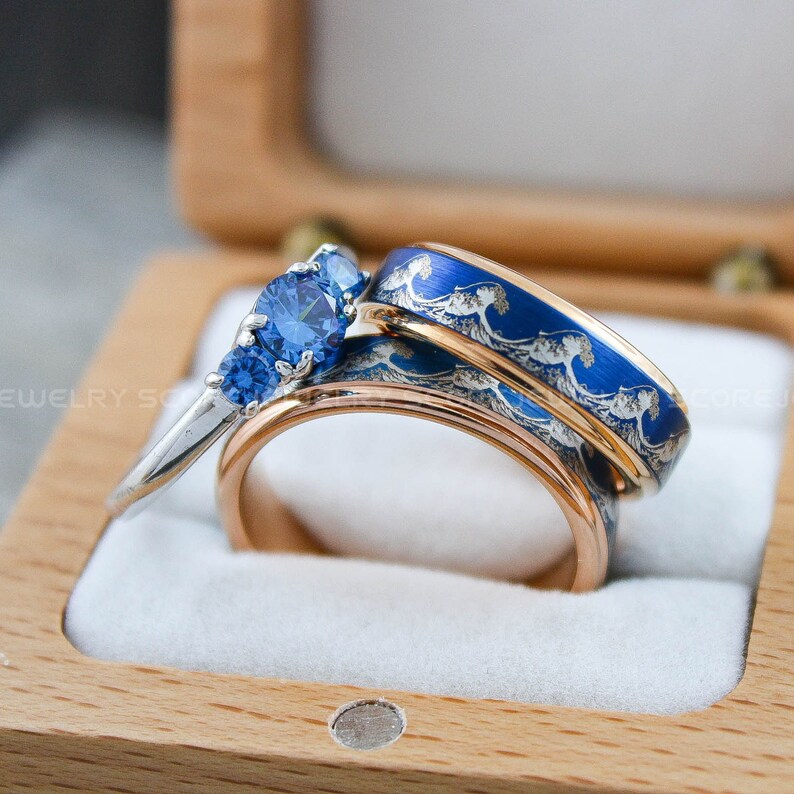 Wave Rings, Ocean Wave Rings, Beach Jewelry, 3 Piece Couple Set Rose ...