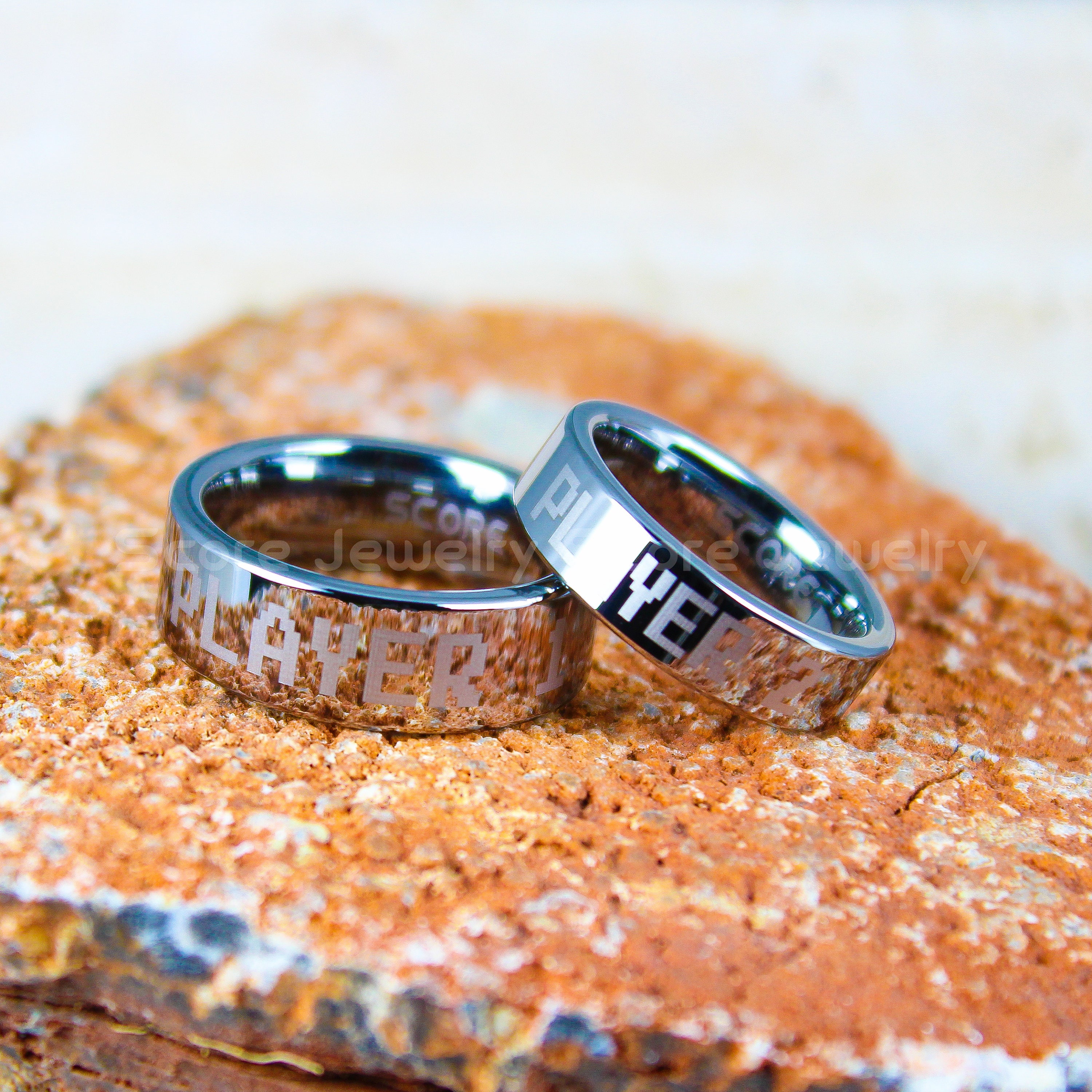 Gamer Rings, 2 Piece Couple Set Silver Tungsten Bands With Flat Edge ...