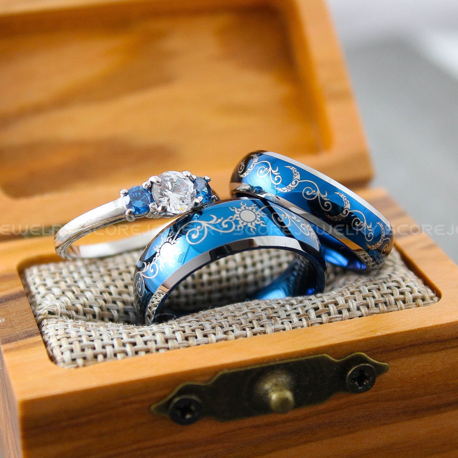 Sun and Moon Rings, 3 Piece Couple Set Blue Tungsten Bands With