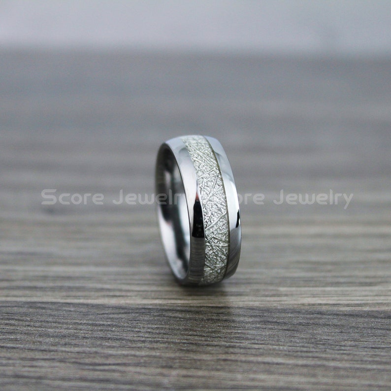 FREE SHIPPING Custom Engraved 8mm Silver Tungsten Meteorite Wedding Band Tungsten Meteorite Ring with Imitation Meteorite Texture Inlay