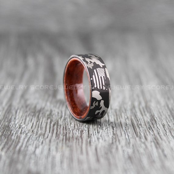 Camo Ring, American Flag Wedding Band, Black Tungsten Band With