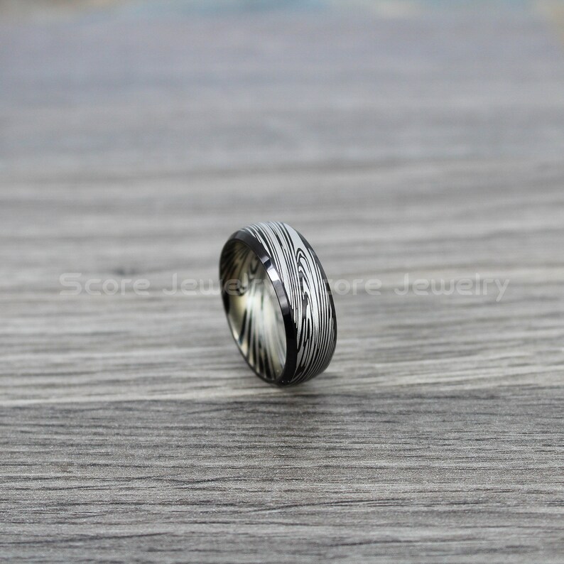 Damascus Steel Ring 8mm Black Tungsten Band With Domed Edge Etsy