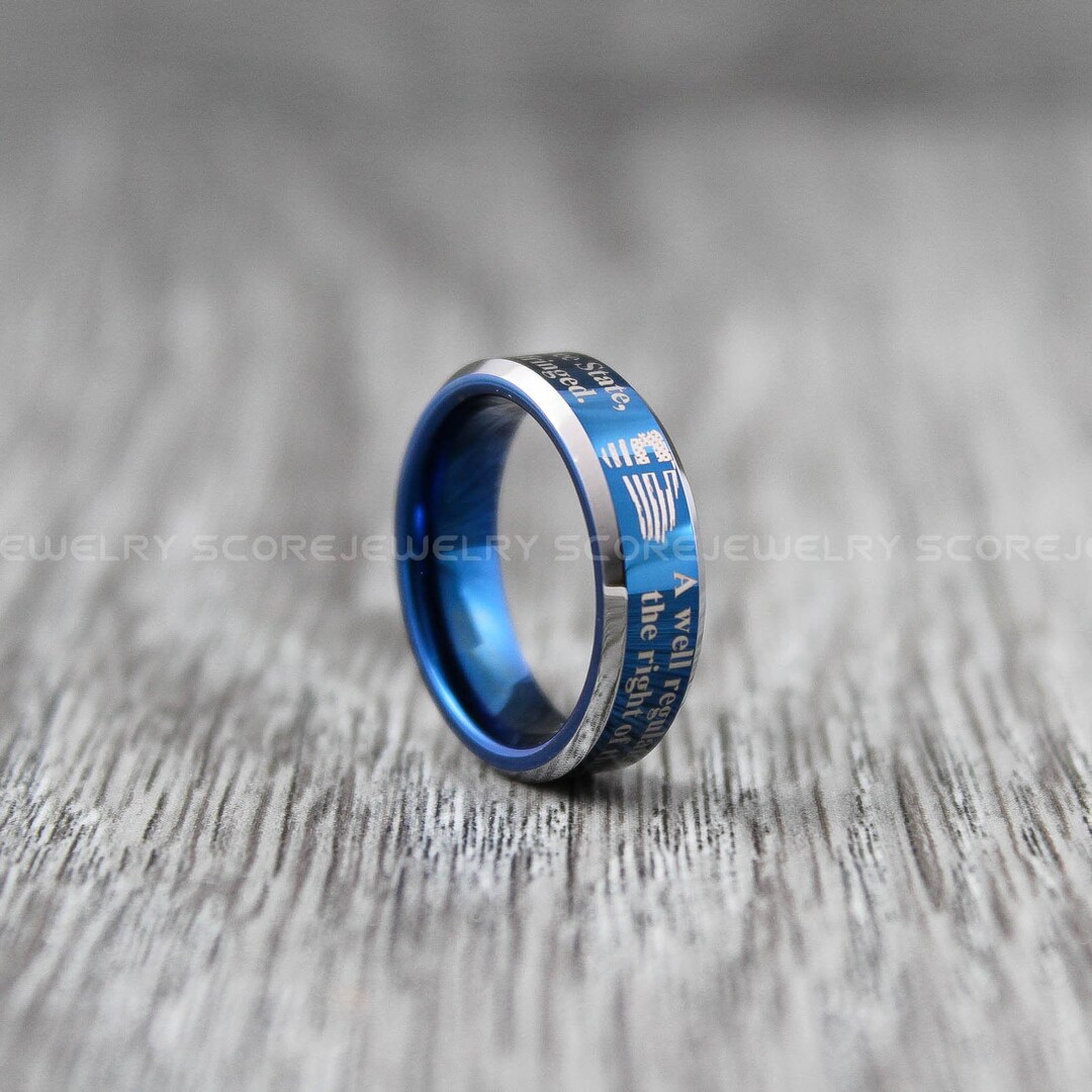 American Flag Ring, Second Amendment Ring, 6mm Blue Tungsten Band With ...