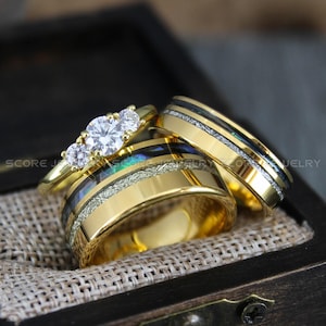Abalone Shell Rings, Meteorite Rings, Couple Rings, 2 Piece Couple Set 10mm & 6mm Gold Tungsten Wedding Bands, Meteorite Wedding Rings