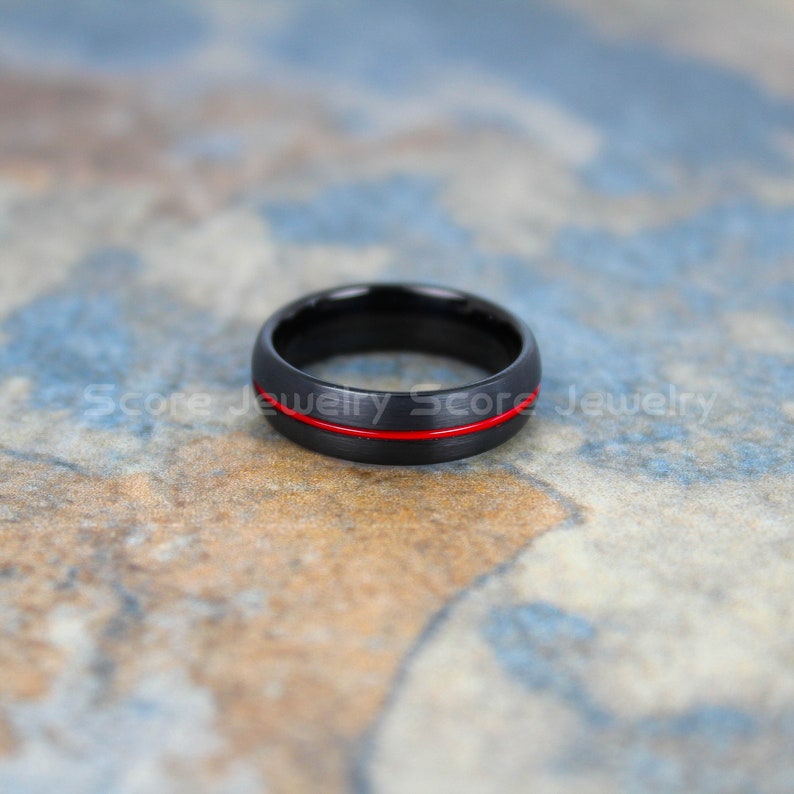 FREE SHIPPING CUSTOM Engraved 2 Piece Couple Set Black Tungsten Band with Domed Edge Red Center Grooves Brushed Finish Tungsten Wedding Band