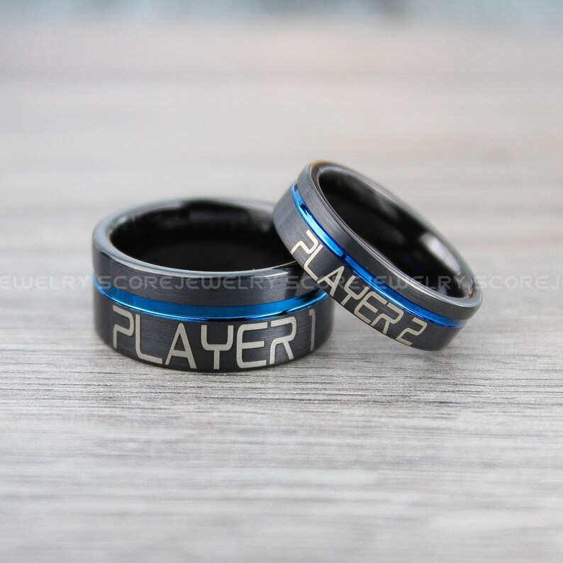 FREE SHIPPING 2 Piece Couple Set 10mm /& 6mm Black Tungsten Bands with Flat Edge Blue Groove Player 1 Player 2 Laser Engraved Tungsten Rings