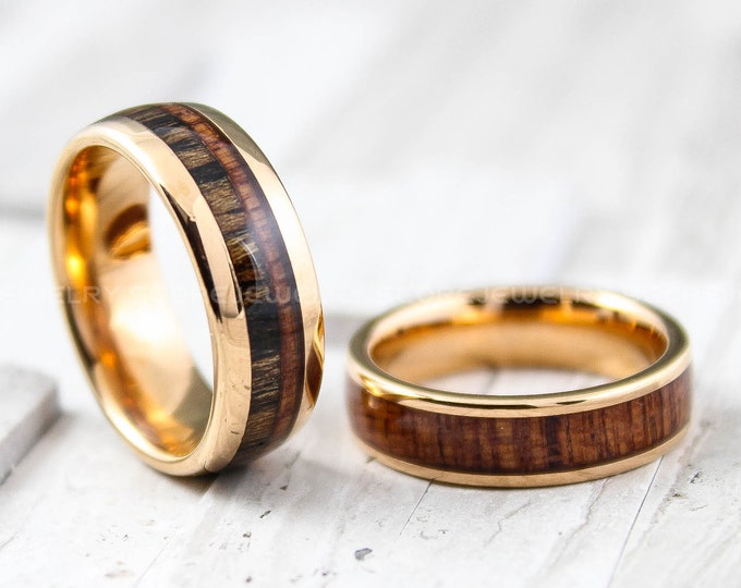 Wood Wedding Rings, Rose Gold Wedding Band, 2 Piece Couple Set Tungsten Bands with Redwood Inlay, Rose Gold Wedding Band, Wood Wedding Bands