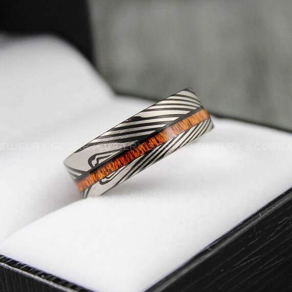 Damascus Steel Ring, 8mm Black Tungsten Band With Genuine Redwood