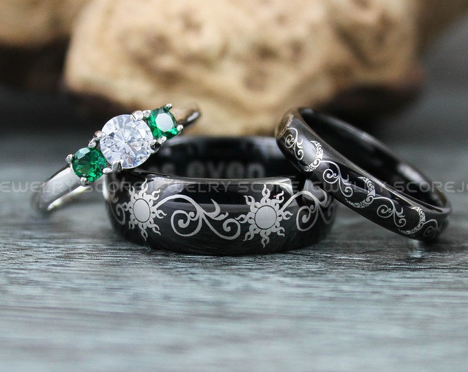 Sun and Moon Rings, 3 Piece Couple Set Black Tungsten Bands with Domed Edge Black Interior Tribal Sun and Moon Wedding Rings, Black Rings