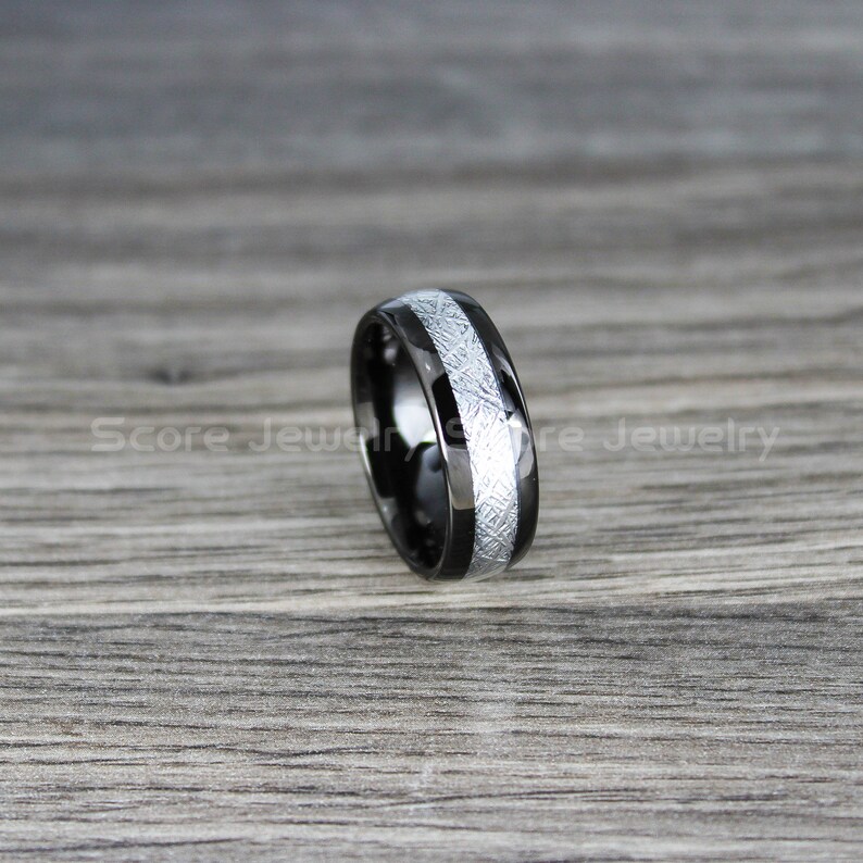 FREE SHIPPING Custom Engraved Black Tungsten Wedding Band Black Tungsten Wedding Ring Tungsten Band with Imitation Meteorite Texture Inlay