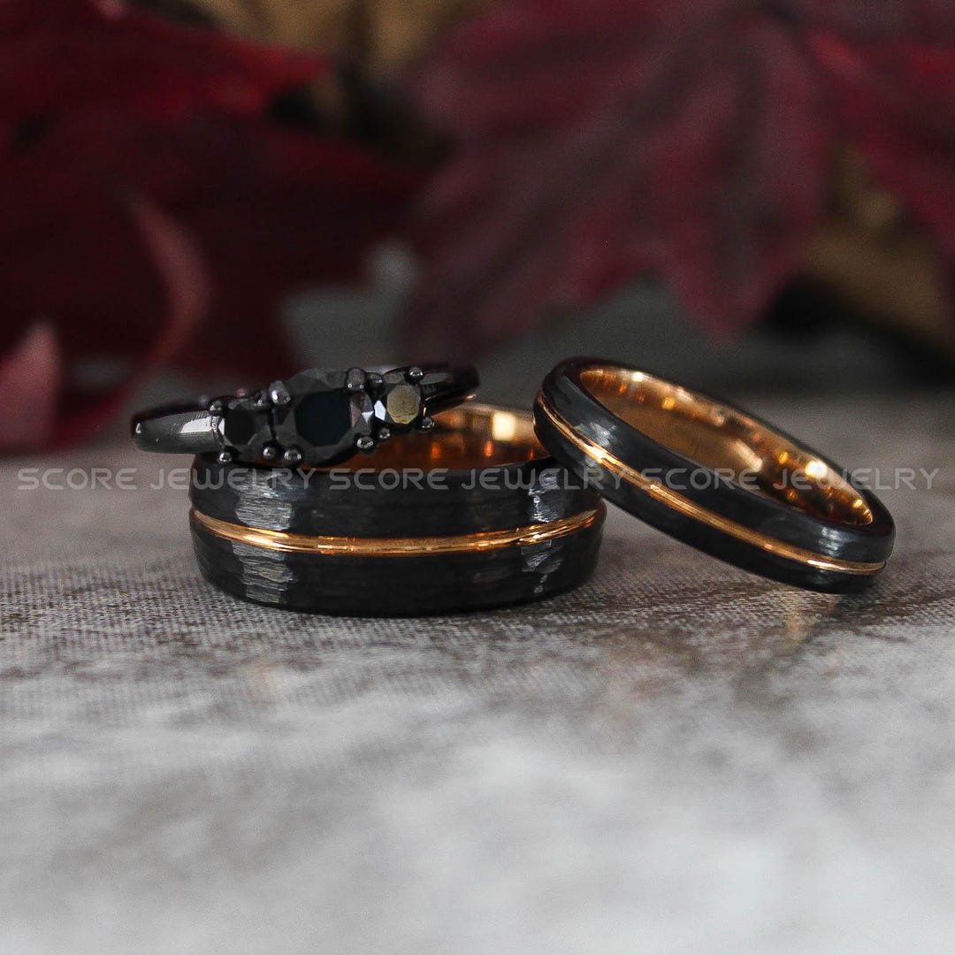 Couple Rings, Matching Rings, 3 Piece Couple Set 8mm & 4mm Black ...
