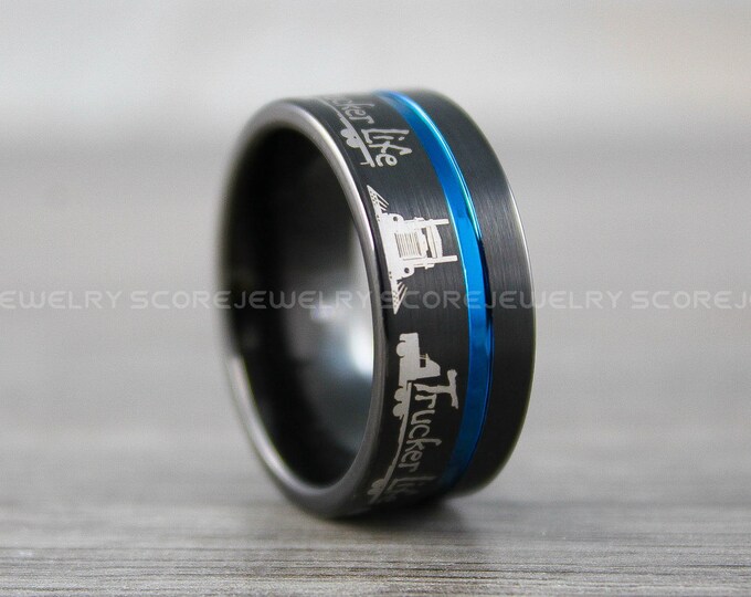 Truck Ring, Trucker Ring, Truck Driver Ring, 10mm Black Tungsten Band Tungsten Flat Edge and Blue Off Center Groove, Tractor Trailer Ring