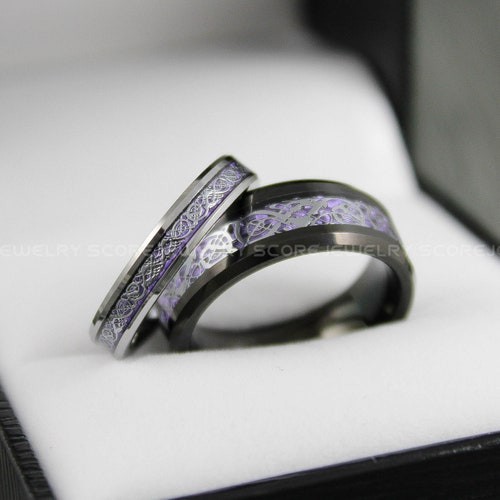 Black Wedding Rings, 2 Piece Couple Set Tungsten Bands with shops Purple Center Carbon Fiber Dragon Inlay Pattern, Black Tungsten Wedding Rings