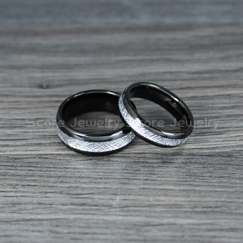 FREE SHIPPING Custom Engraved Black Tungsten Wedding Band Black Tungsten Wedding Ring Tungsten Band with Imitation Meteorite Texture Inlay