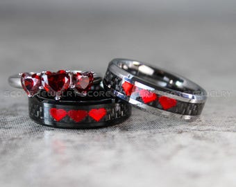 8 Bit Heart Rings, Silver Tungsten Wedding Bands, Silver Wedding Bands, Matching Wedding Rings, Silver Wedding Rings, Red Wedding Bands