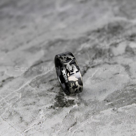 Catfish Ring, Camo Ring, Camo Wedding Ring, 8mm Black Tungsten