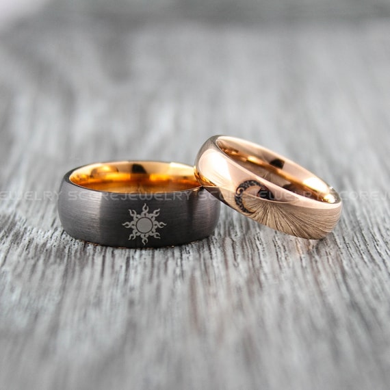 Sun and Moon Rings, Piece Couple Set 14K Rose Gold Tungsten