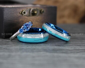 Turquoise Ring, Turquoise Wedding Band, Blue Tungsten Band with Meteorite and Turquoise Inlay, Turquoise Wedding Ring, Turquoise Band