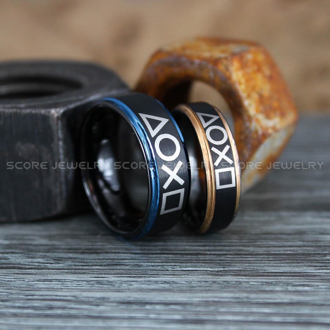 Gamer Rings, Gamer Jewelry, 2 Piece Couple Set Blue Tungsten Bands With ...