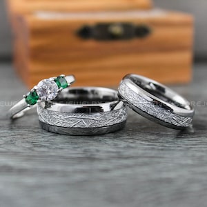 Meteorite Rings, Meteor Rings, 3 Piece Couple Set Silver Tungsten Bands Meteorite Inlay, Silver Tungsten Wedding Rings, Silver Tungsten Band