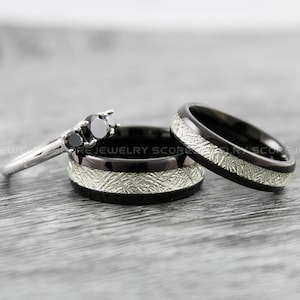 Meteorite Rings, Meteor Rings, 3 Piece Bridal Set Black Tungsten Bands Meteorite Inlay, Black Tungsten Wedding Rings, Black Tungsten Band