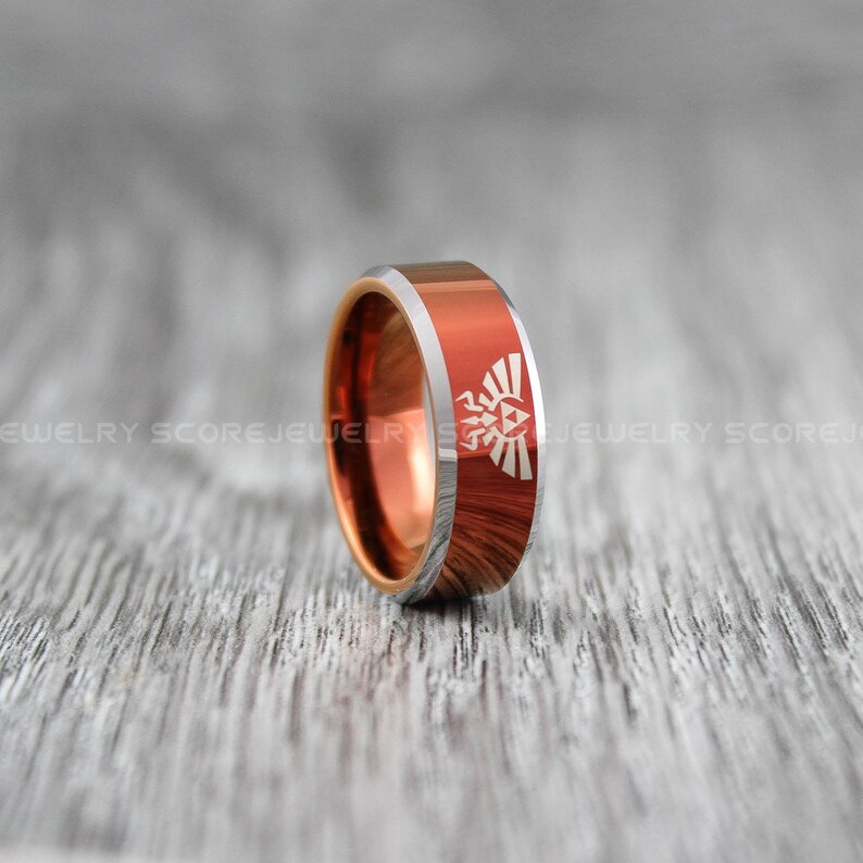 Zelda Ring 8mm Red Tungsten Gamer Ring Gamer Ring 8mm Deep Velvet Red Tungsten Band with Beveled Edge Zelda Triforce Inspired Pattern