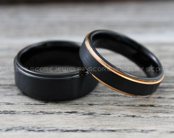 Anillos de boda de tungsteno clásicos, alianza de boda de tungsteno de oro rosa, anillo negro con borde escalonado, juego de 2 piezas para parejas, anillos de boda de oro rosa