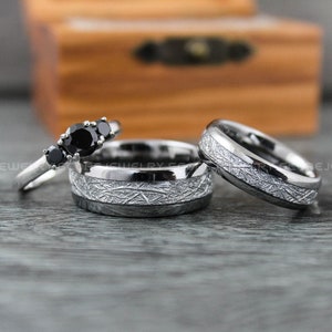 Meteorite Rings, Meteor Rings, 3 Piece Couple Set Silver Tungsten Bands Meteorite Inlay, Silver Tungsten Wedding Rings, Silver Tungsten Band