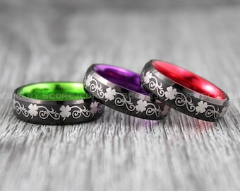 Irish Ring, Clover Ring, Shamrock Ring, Irish Jewelry, 6mm Black Tungsten Band Domed Edge Celtic Ring, St. Patrick's Day Gift, Ireland Ring