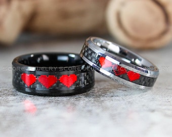 8 Bit Heart Rings, Black Tungsten Wedding Bands, Black Wedding Bands, Matching Wedding Rings, Black Wedding Rings, Red Wedding Bands