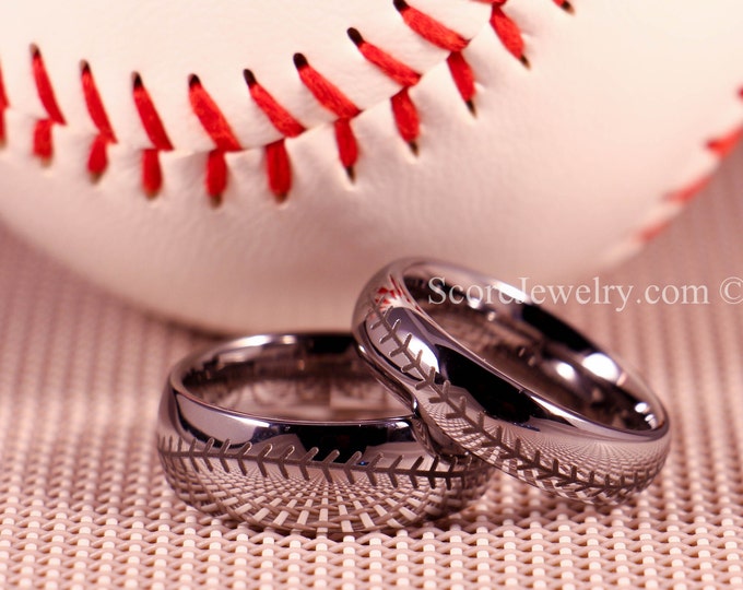 Baseball Rings, Baseball Stitch Rings, 2 Piece Couple Set Tungsten Bands with Domed Edge Baseball Stitch Pattern Rings 8mm & 6mm