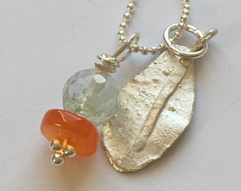 Leaf Collection: silver, carnelian and faceted green quartz necklace