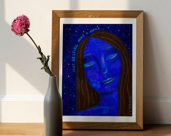 Woman illustration, Starry art, Divine feminine art, Celestial poster, Blue art print, Spiritual wall art, Text art, Spiritual text