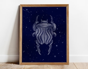 Digital illustration scarab beetle art print Egyptian spiritual art cosmic celestial art print starry poster