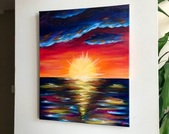 Colourful Sunset Ocean Seascape Wall Art Canvas Acrylic Painting