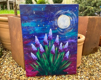 Abstract Muscari Flower Painting Nighttime Moon Art Cosmic Canvas Wall Art Acrylic Painting