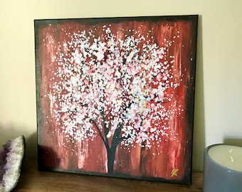 Blossom Tree Painting, Nature Art, Rustic Home Decor, Red Canvas Wall Art Acrylic Painting