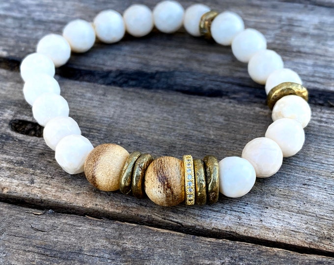 Beaded Bracelet Gemstone Turquoise Sandalwood Moonstone Bone energy healing tibetan intention mala mens spiritual bracelet GIFTS Mala Beads