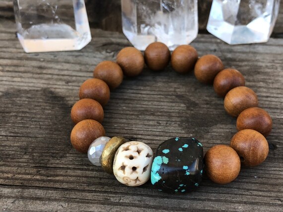Beaded Bracelet Gemstone Turquoise Sandalwood Moonstone Bone energy healing tibetan intention mala mens spiritual bracelet GIFTS Mala Beads