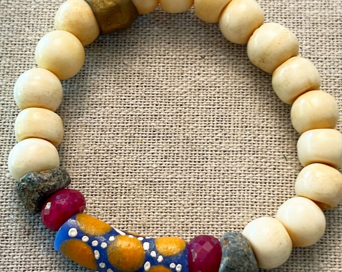 Ancient Excavated Granite Rubies Colorful Handmade Trade Bead Vintage Trade Brass and Bone intention mala gemstone beaded mens bracelet love