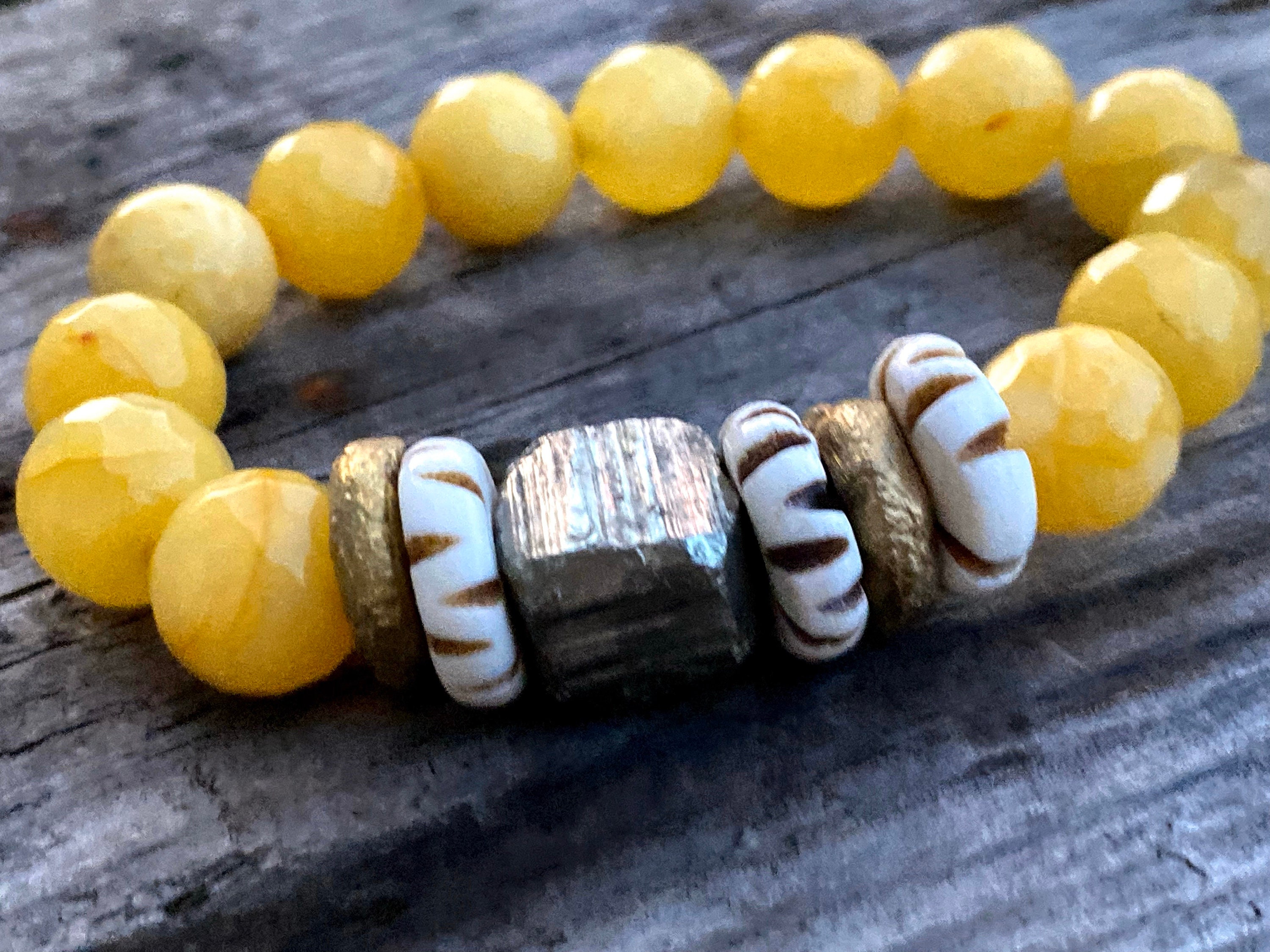 Pyrite Bracelet YELLOW Agate gemstone beaded boho healing bracelet mala ...