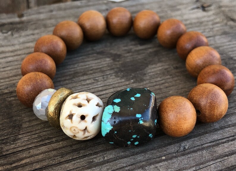 Beaded Bracelet Gemstone Turquoise Sandalwood Moonstone Bone energy healing tibetan intention mala mens spiritual bracelet GIFTS Mala Beads